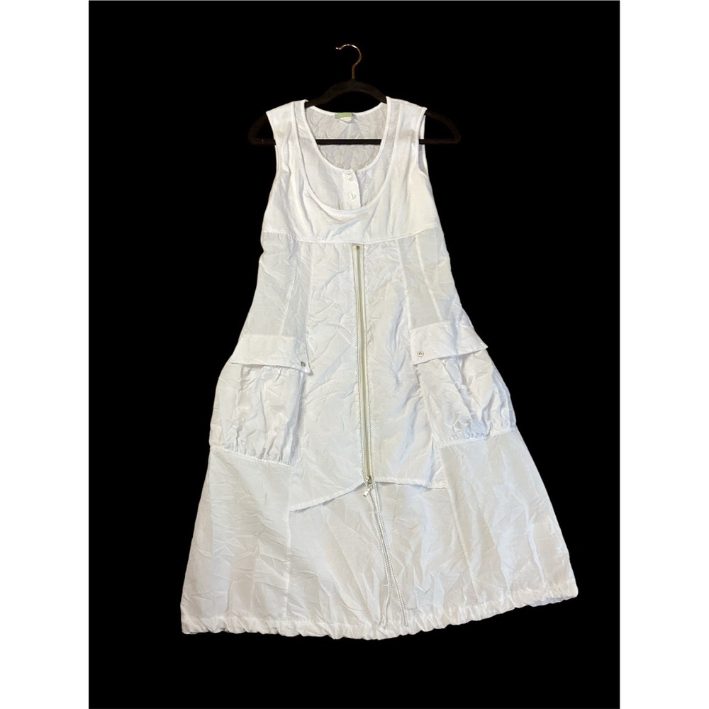 Dolcezza White Crinkle Nylon Cotton Artsy Athletic Midi Dress Big Pockets Small